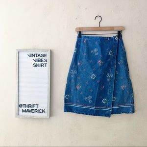 SOLD Denim Floral Print Wrap Front Skirt | Vintage